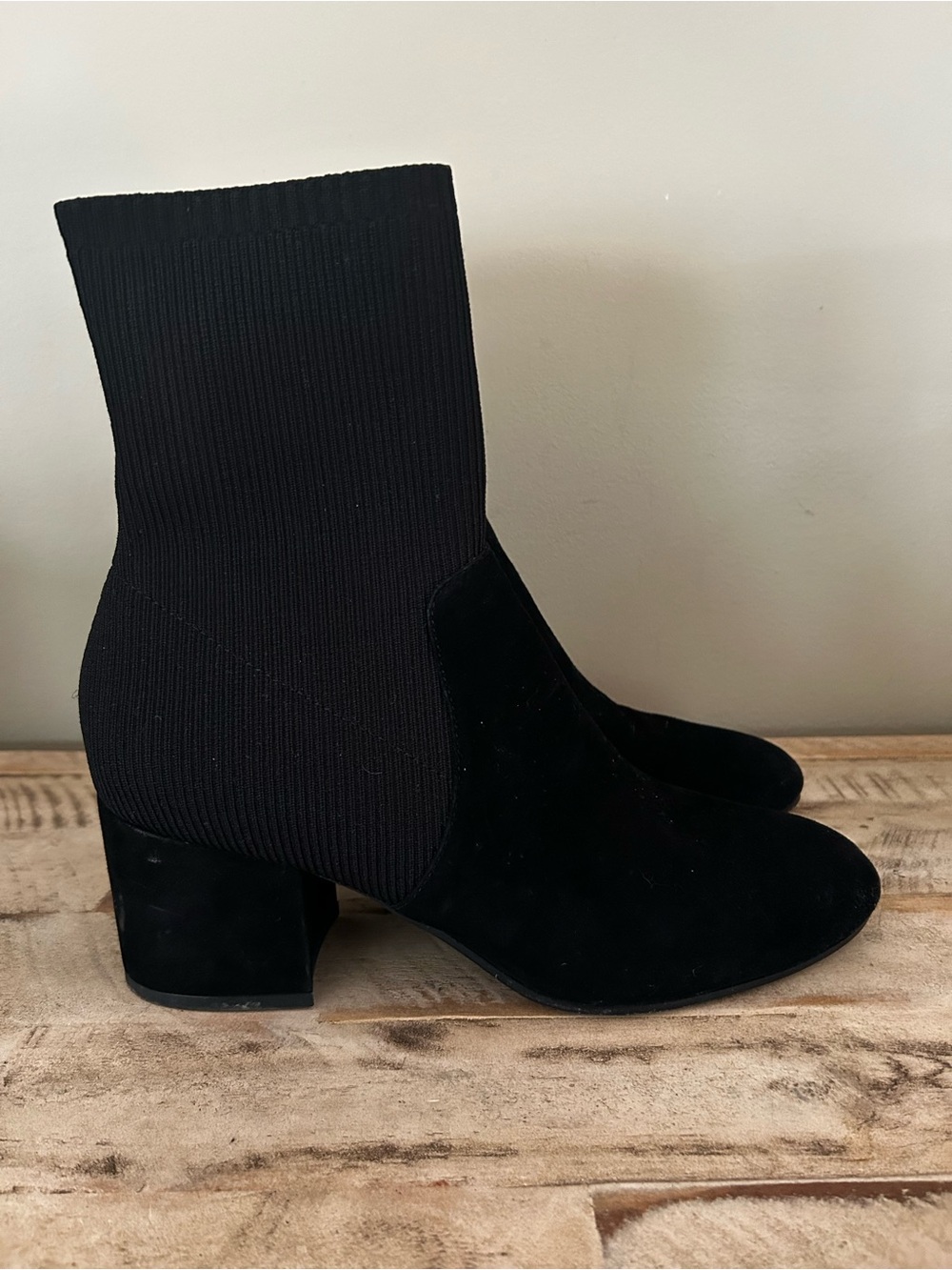 Eileen Fisher "Knolls" Suede & Stretch Knit Sock Ankle Boots - Black. Size 9
